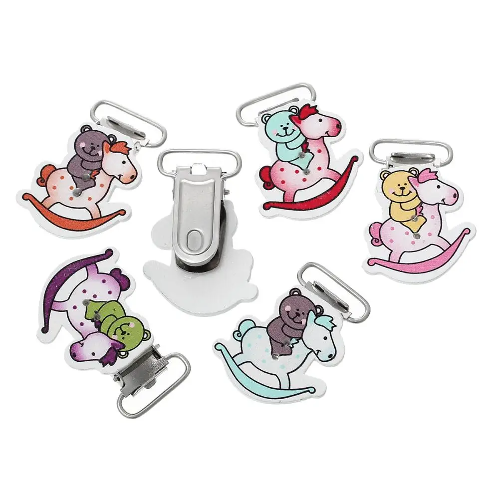 

LF 5Pcs Horse Wooden Metal Baby Pacifier Clips Solid Color Cute Infant Soother Clasps Holders Accessories Diy Tool