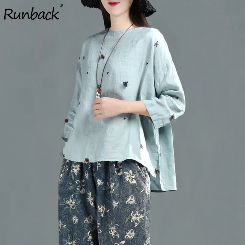 

Runback Cartoon Tshirts Women Embroidery Three Quarter Cotton Linen Shirt Women O-neck Spring 2019 Loose Tops T Shirt Femme
