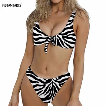 

INSTANTARTS Bow-knot Woman Sexy Bikini Set Black and White Zebra Print Push Up Swimming Suits Bathing Summer Padded Bra Swimwear