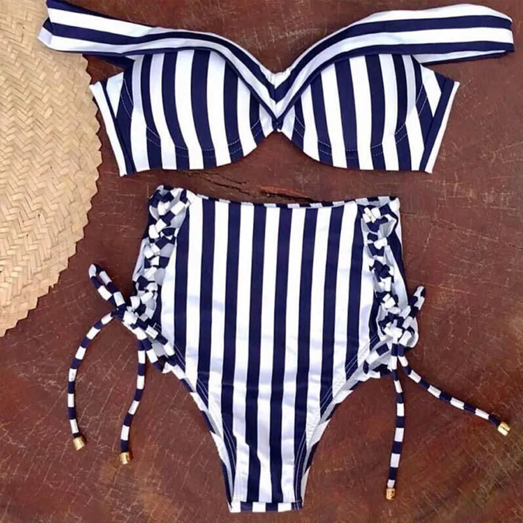 

Women Sexy Swimwear high waist Bikini Suit Stripe Elastic Push-Up Padded Bathing Beachwear Suit Girls Striped Beach Bikini Sets