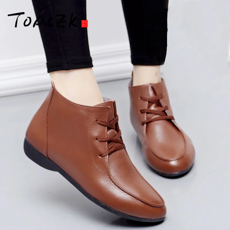 

Autumn winter genuine leather boots leisure soft sole mother single boots flat heel plus velour warm leather boots big size 43