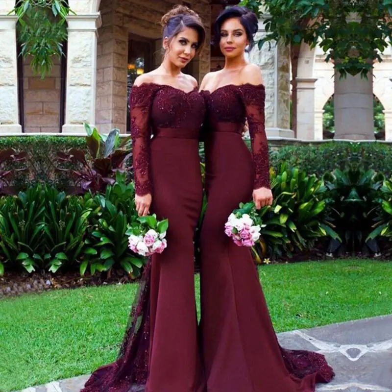 

Long Burgundy Bridesmaid Dresses 2019 Elegant Mermaid Sheer Long Sleeve Beaded Applique Arabic Women Bridemaid Dress Party