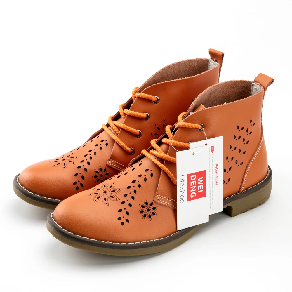 WeiDeng/ботильоны из натуральной кожи с перфорацией типа «броги» в байкерском стиле; женская зимняя модная классическая обувь на плоской подошве в стиле ретро; большие размеры