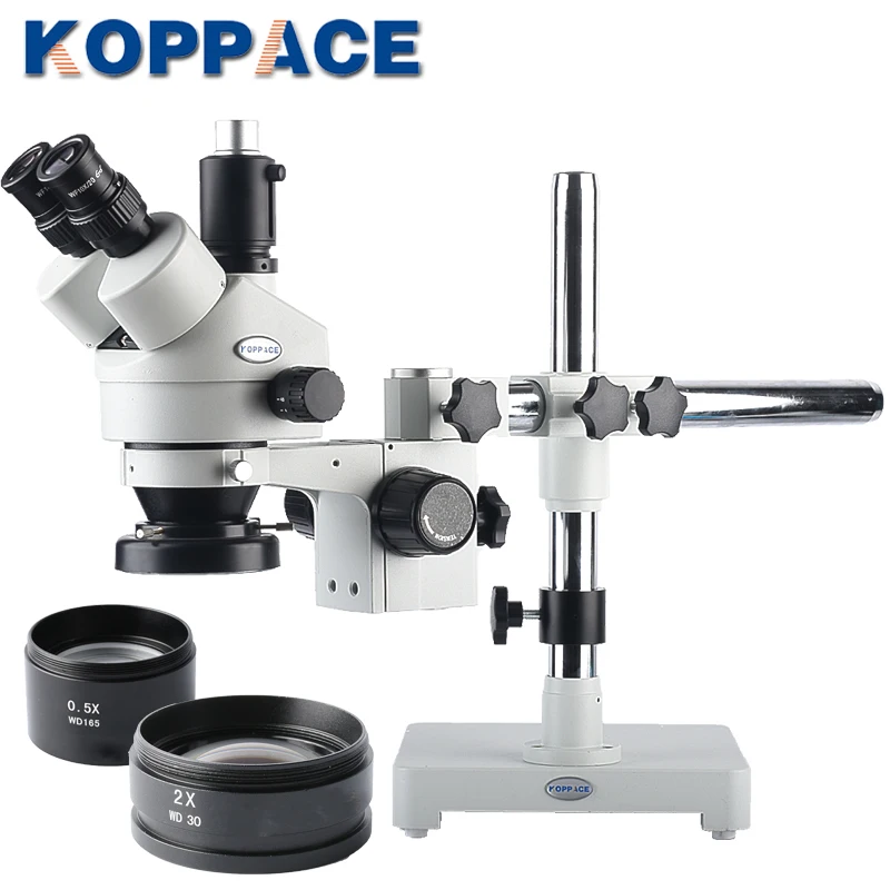 

KOPPACE Trinocular Stereo Zoom Microscope 3.5-90X Magnification Industrial Single-Arm Boom Stand Includes 0.5X /2.0X Objective