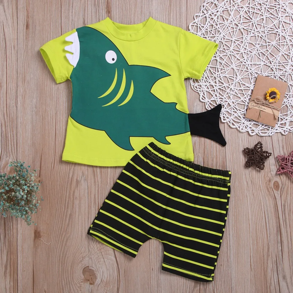 

2019 Fashion Newborn Baby Boys Cartoon T-Shirt Striped Shorts 2PC Sets