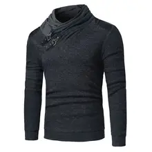 New leather buckle decorative solid color sweater fashion men Pile collar stitching long sleeve slim casual top clothes