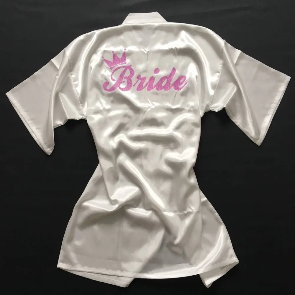 DongKing Bride Crown Robe Golden Glitter Print Kimono Robes Wedding Gift Faux Silk Bachelorette Bride Robes Love Dress 5 Colors