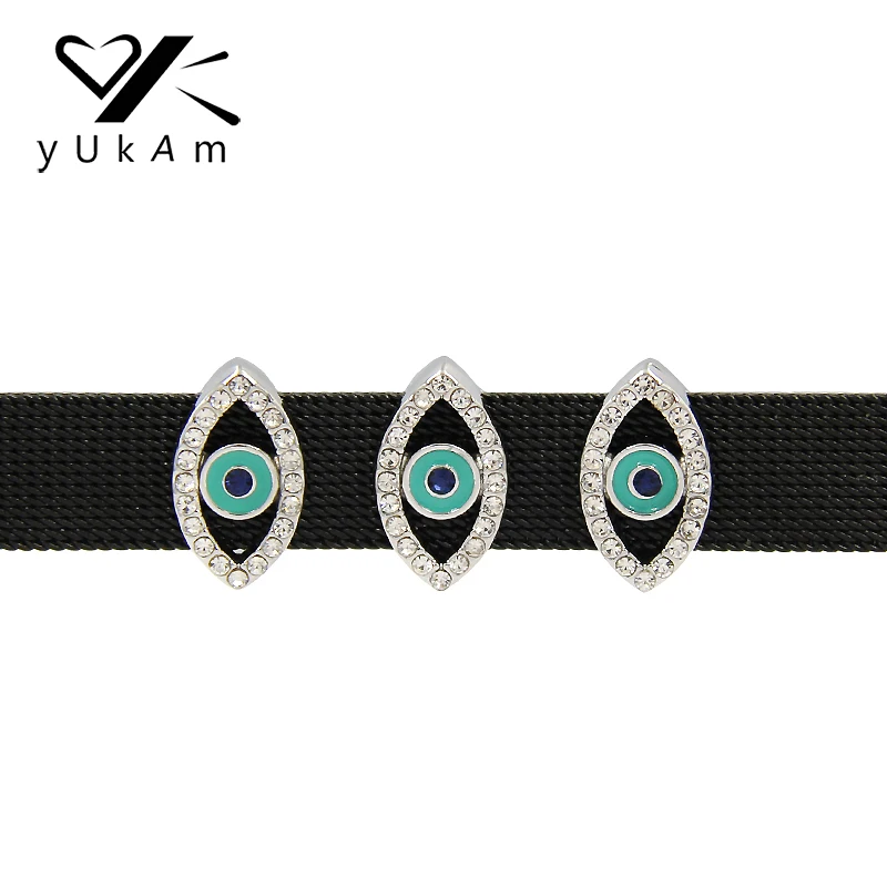 

YUKAM Jewelry Crystal Lucky Blue Turkish Evil Eye Slide Charms Keeper for Leather Wrap Mesh Keeper Bracelets Accessories Making