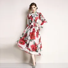 PADEGAO 2019 New Style Women'S High-End Chiffon Print Women's Dress Temperament Bell Sleeve Long Zipper Summer Plus Size Dress PADEGAO 2019 New Style Women'S High-End Chiffon Print Women's Dress Temperament Bell Sleeve Long Zipper Summer Plus Size Dress