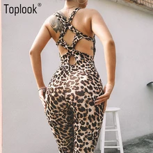 Toplook leopard jumpsuits hollow out print backless sexy women fashion spaghetti straps cross bandage body rompers