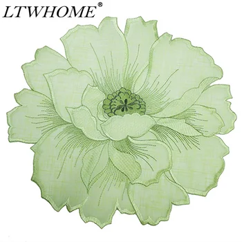 

LTWHOME Green Color Embroidered Peach Blossom Motif 11.5" Round Doily or Placemat