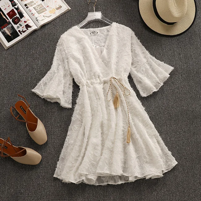 

2019 Summer New Arrival Fresh French Style White Mini Dress V Neck Flare Sleeve Drawstring Waist Dress Chiffon Free Shipping