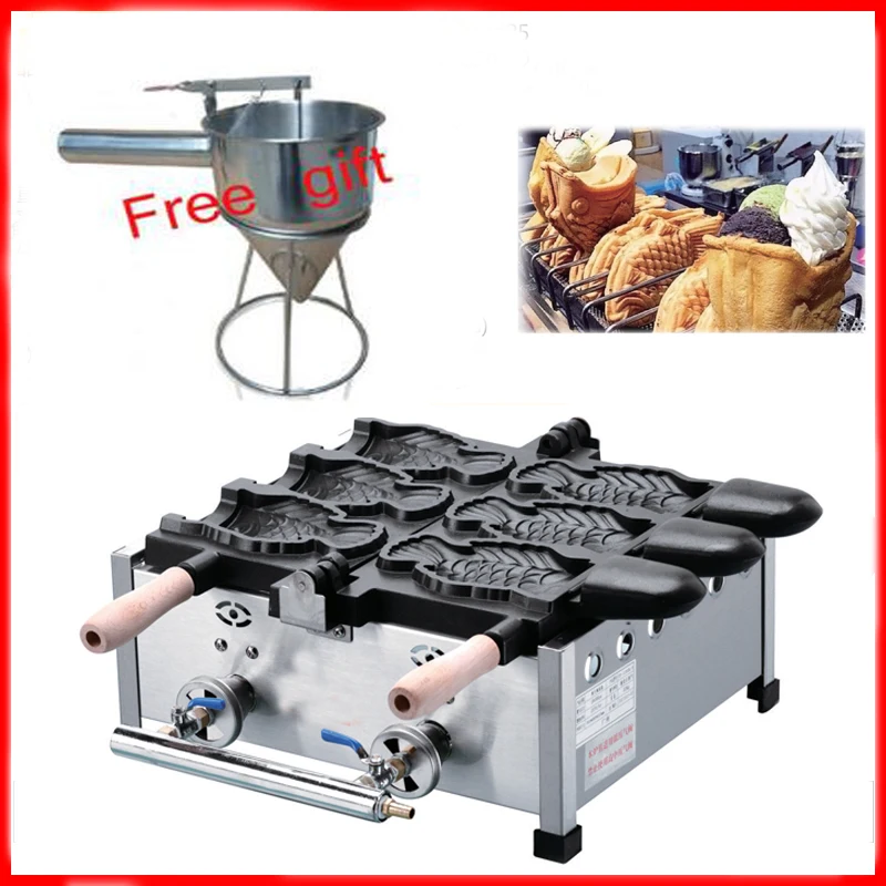 

Free shipping Gas Type 3 PCS Big Taiyaki Machine Ice Cream Fish Waffle Cone Open Mouth Taiyaki Maker