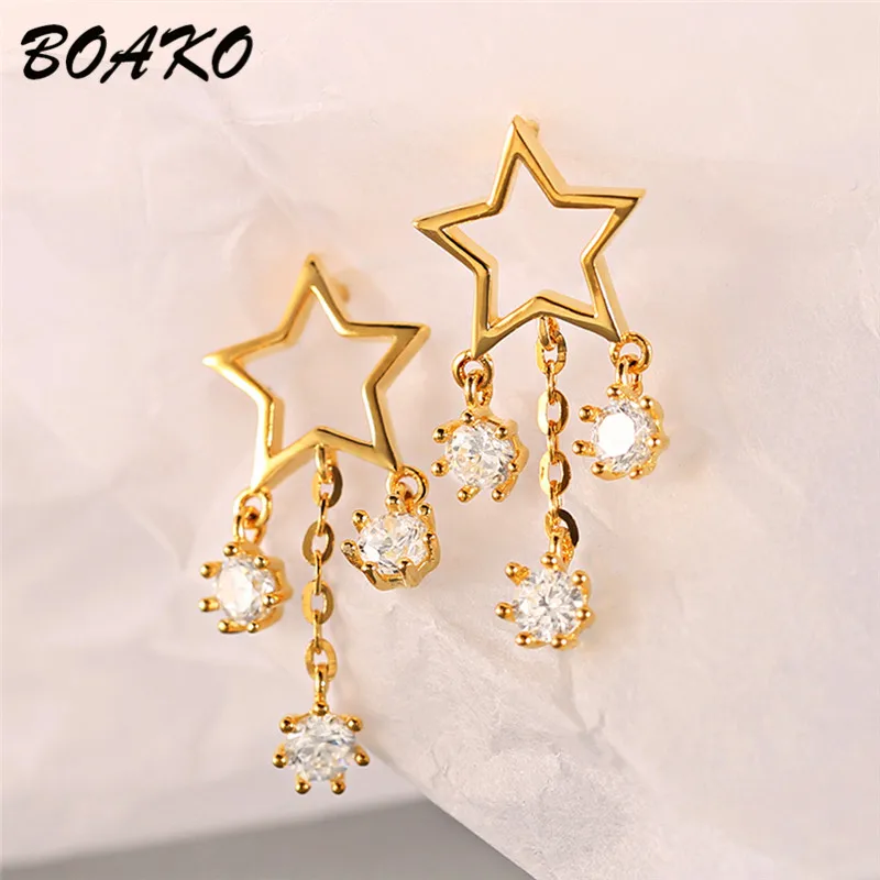 

BOAKO Rhinestone Star Drop Dangle Earrings for Women Fashion Statement Earrings Tassel 925 Sterling Silver Earrings Jewelry