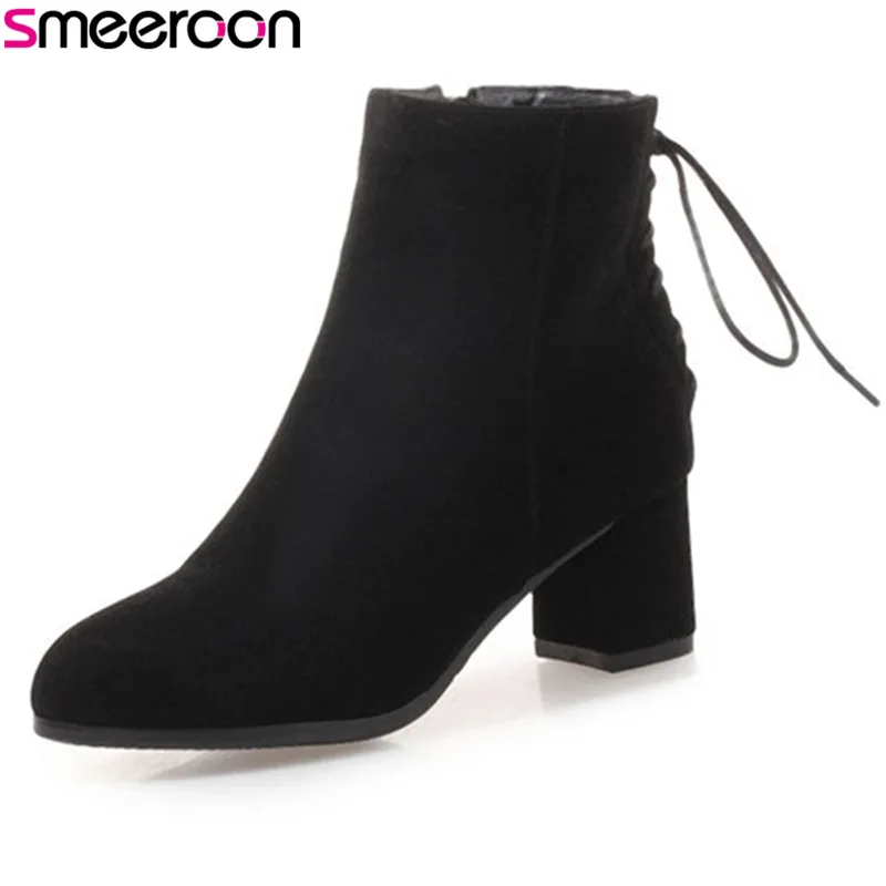 

Smeeroon ankle boots for women zip+cross tied pointed toe women boots high heels autumn winter boots prom shoes big size 33-43