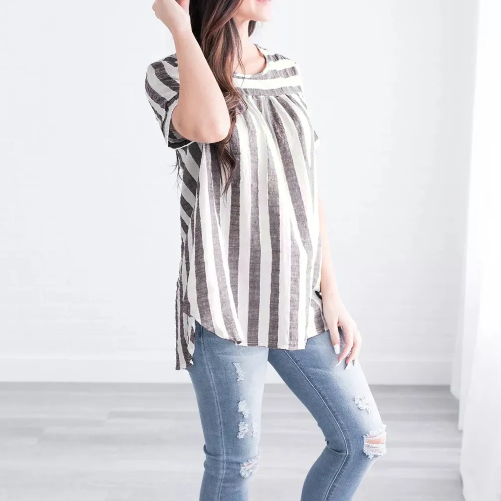 

CHAMSGEND blouse womens2018 Summer Fashion Women Linen Casual Loose Striped O-Neck Short Sleeveless Tank Top Blouse July10
