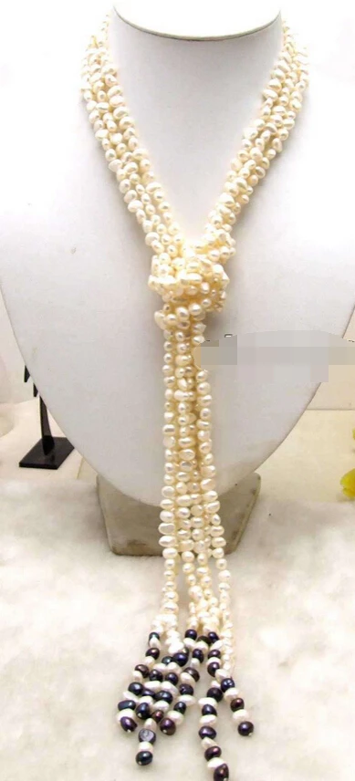 

Miss charm Jew1638 SALE Long 45" natural 4-5mm White Baroque Pearl & Black pearl 3 Strands Necklace