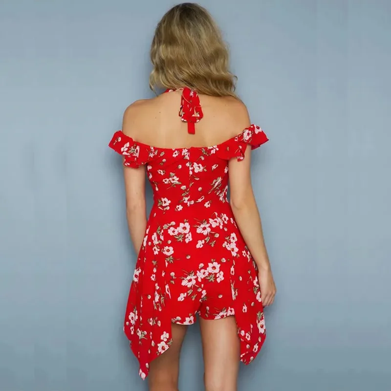 yinlinhe Red Lace Up Halter Playsuit Women Off Shoulder Summer Playsuit Short Sleeve Backless Asymmetry Sexy short jumpsuit 4