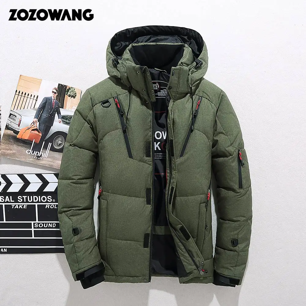 

ZOZOWANG Duck Down Jacket Men Thicken Hooded Long Sleeve Blue Down Zipper Pocket Coat Warm Feather Winter Men Down Jacket