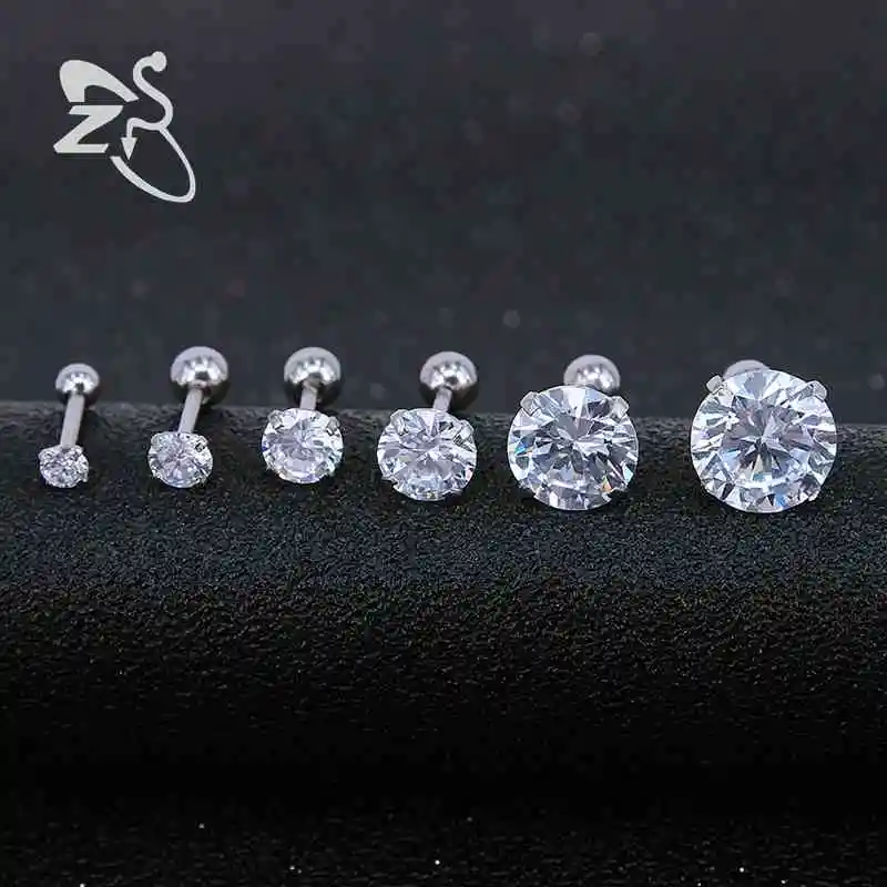 ZS 6pairs/lot Stainless Steel Earrings for Women Stud Earrings Piercing Cartilage Round Crystals Stud Earrings Children Brincos