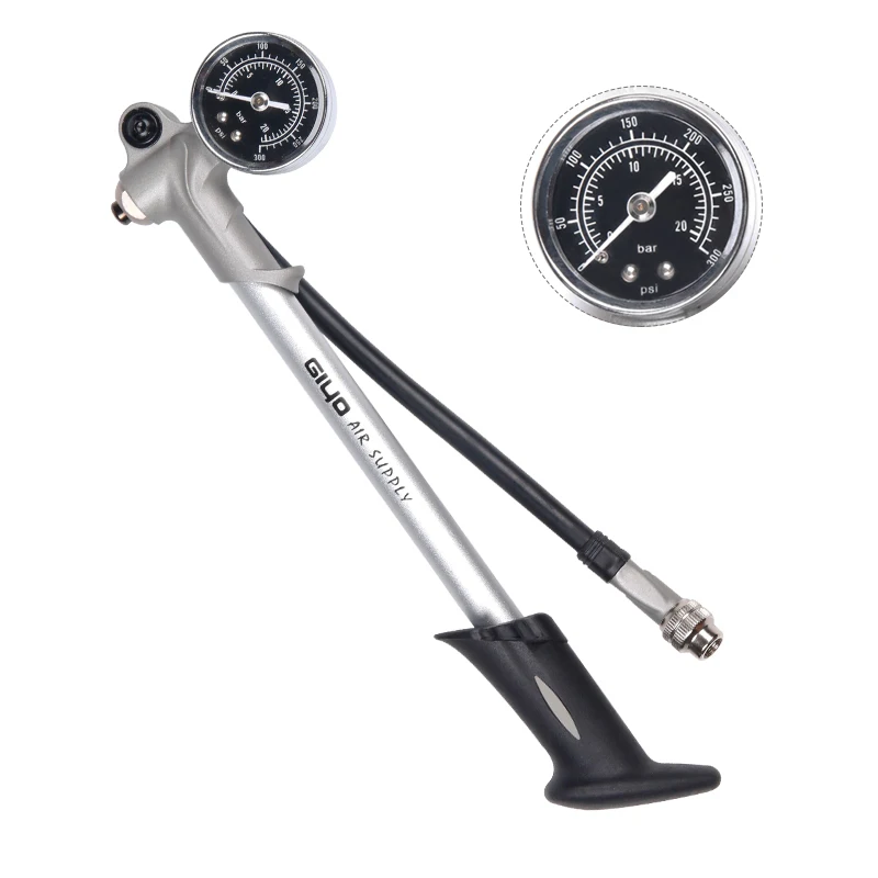 Comprar Bomba de bicicleta giyo 300PSI inflar tenedor choque encaja Schrader compacto práctico mini bomba calibrador purga manguera plegable aleación inflador