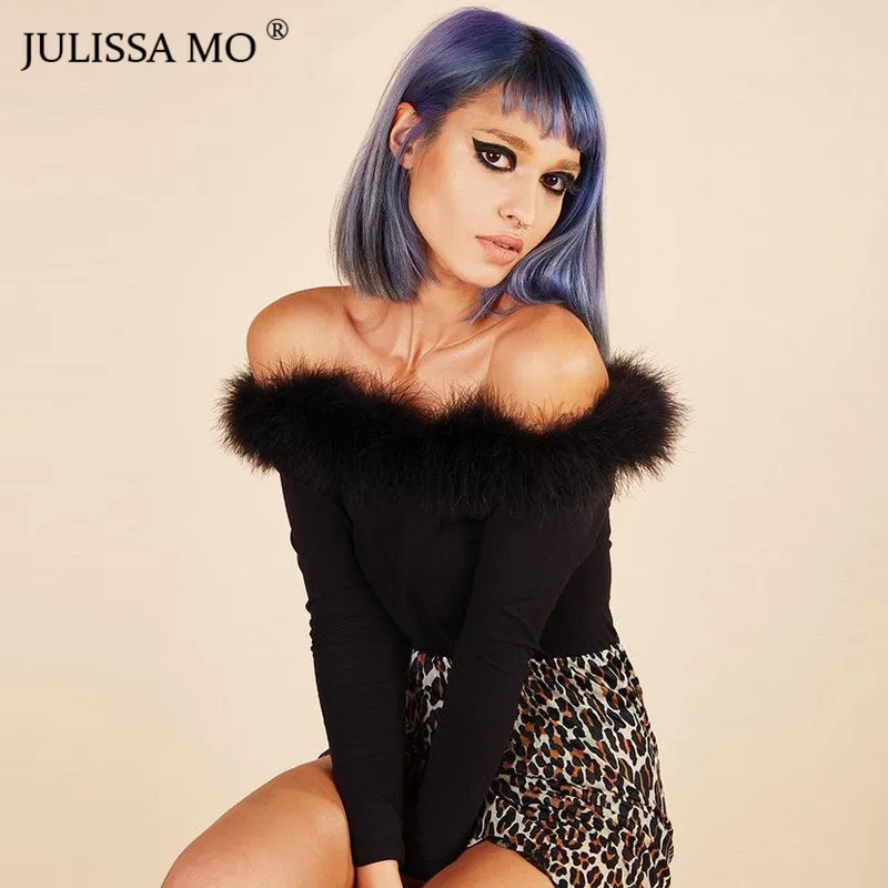 JULISSA MO Feathers Off Shoulder Sexy Bodysuit Women