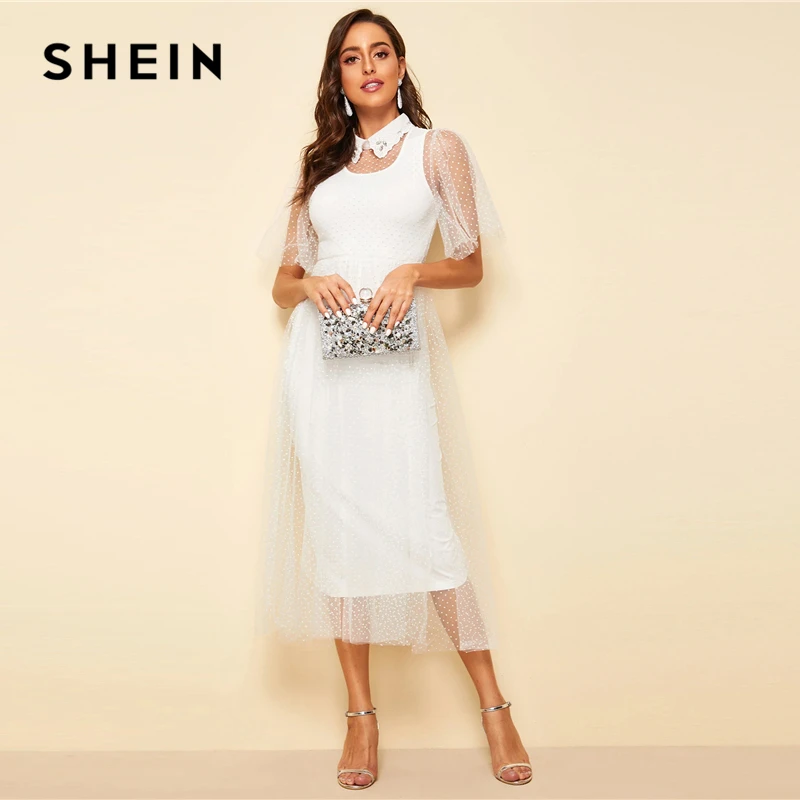 Женское Сетчатое платье SHEIN элегантное белое расклешенное в горошек с рукавами