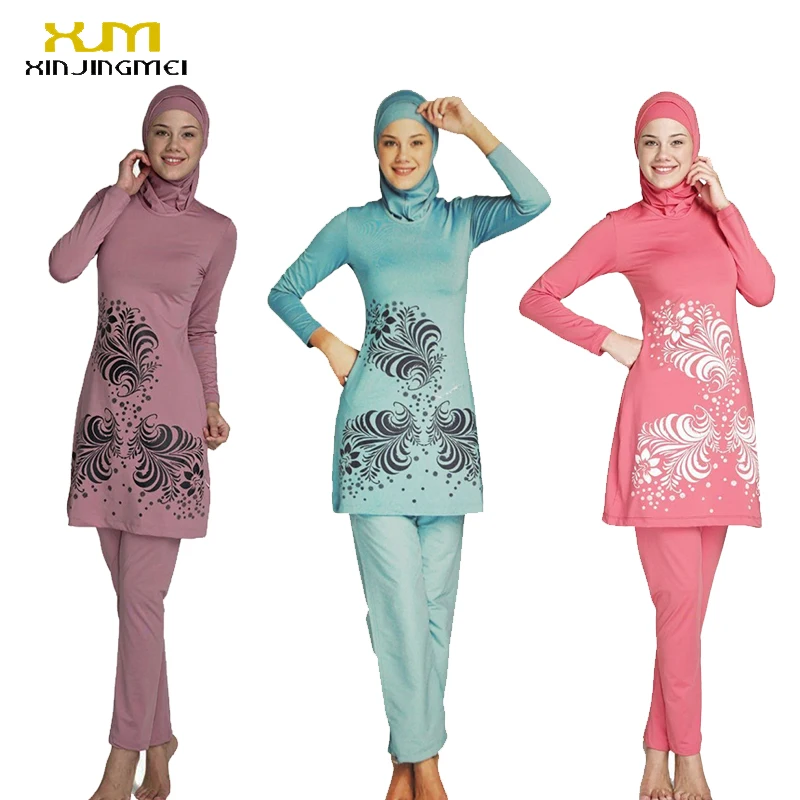 

2017 Plus Size Muslim Swimwear Women Modest Floral Print Full Cover Swimsuit Islamic Hijab Islam Burkinis Beachwear Bathing Suit