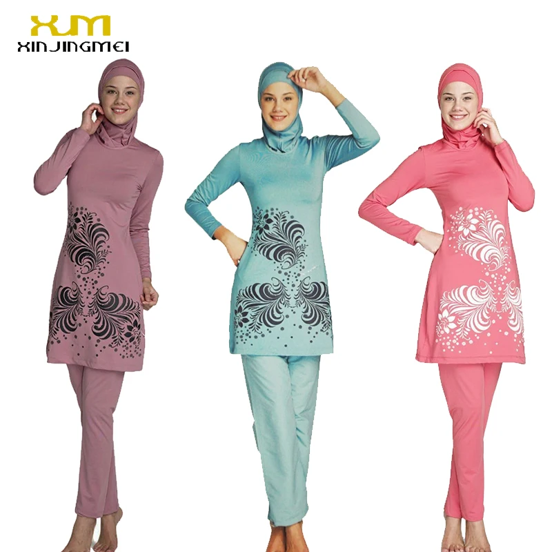 2017 Plus Size Muslim Swimwear Women Modest Floral Print Full Cover Swimsuit Islamic Hijab Islam Burkinis Beachwear Bathing Suit