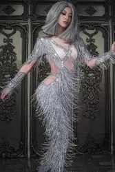 Стразы серебро бахромой Облегающий комбинезон Sexy Кристаллы Ленточки эластичного купальника для певцов в ночном клубе танцевальный костюм
