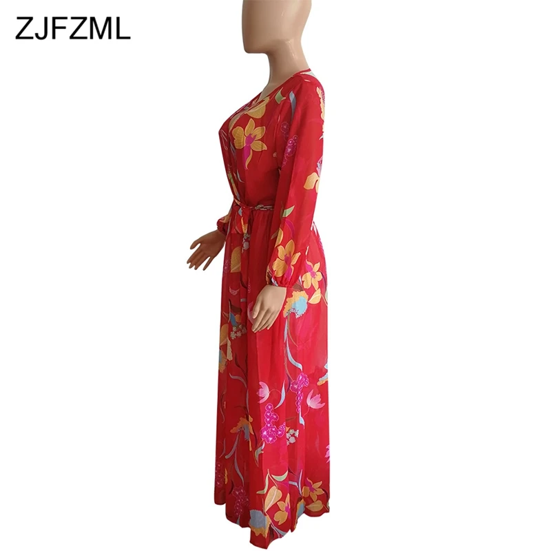 ZJFZML элегантное шифоновое платье с цветочным принтом, женское пляжное платье с длинным рукавом-фонариком, весенние платья в пол с глубоким v-образным вырезом