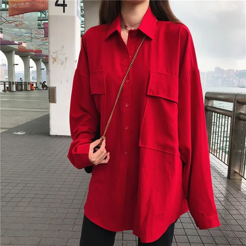 

Solid Simple Red Basic All Match Fashion 2019 New Arrival Thin Autumn Long Seleve Big Pocket Vintage Female Women Shirts