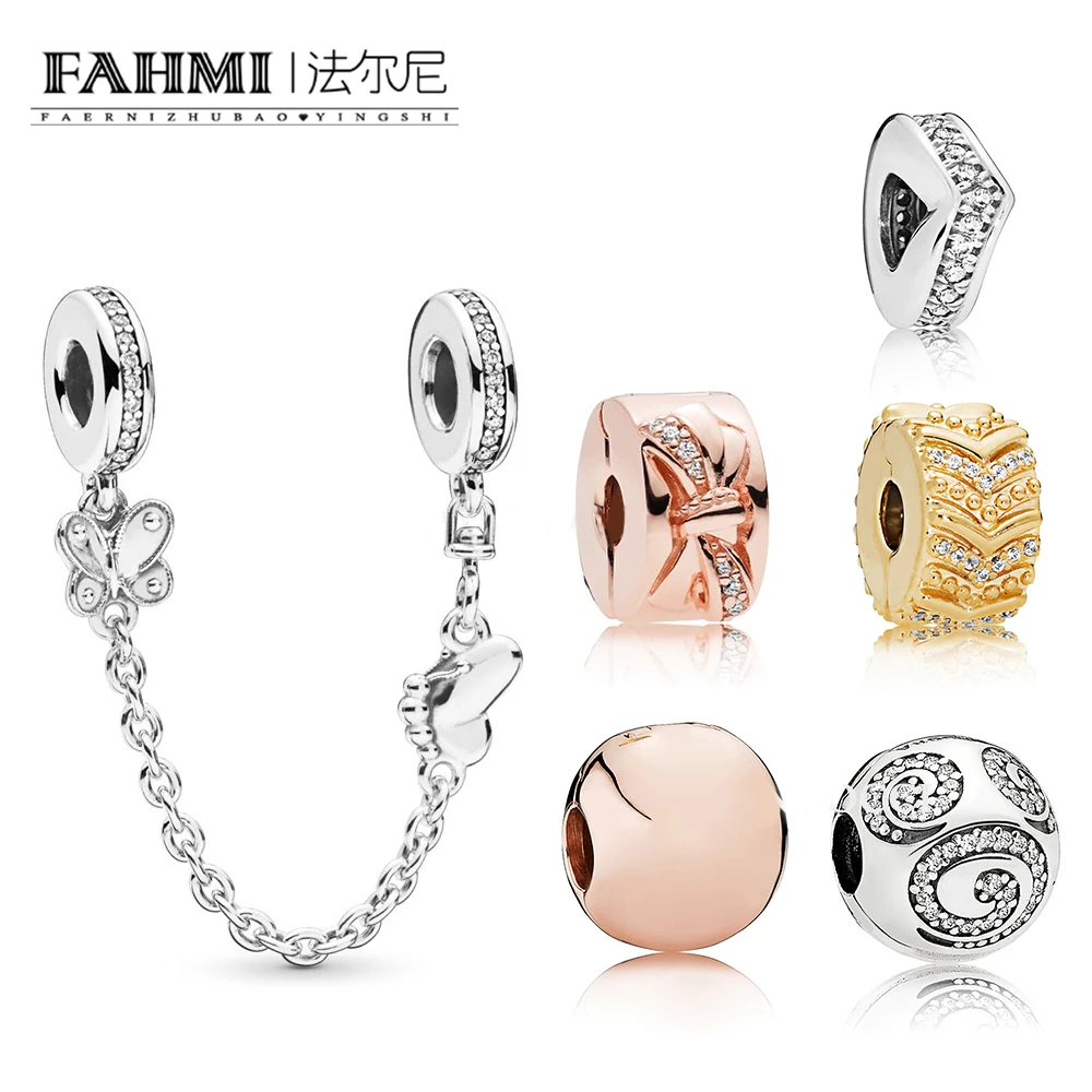 

FAHMI 100% 925 Sterling Silver Shine Stylish Wish Clip ROSE Bow CLIP Shimmering Wish Spacer Decorative Butterflies Safety Chain