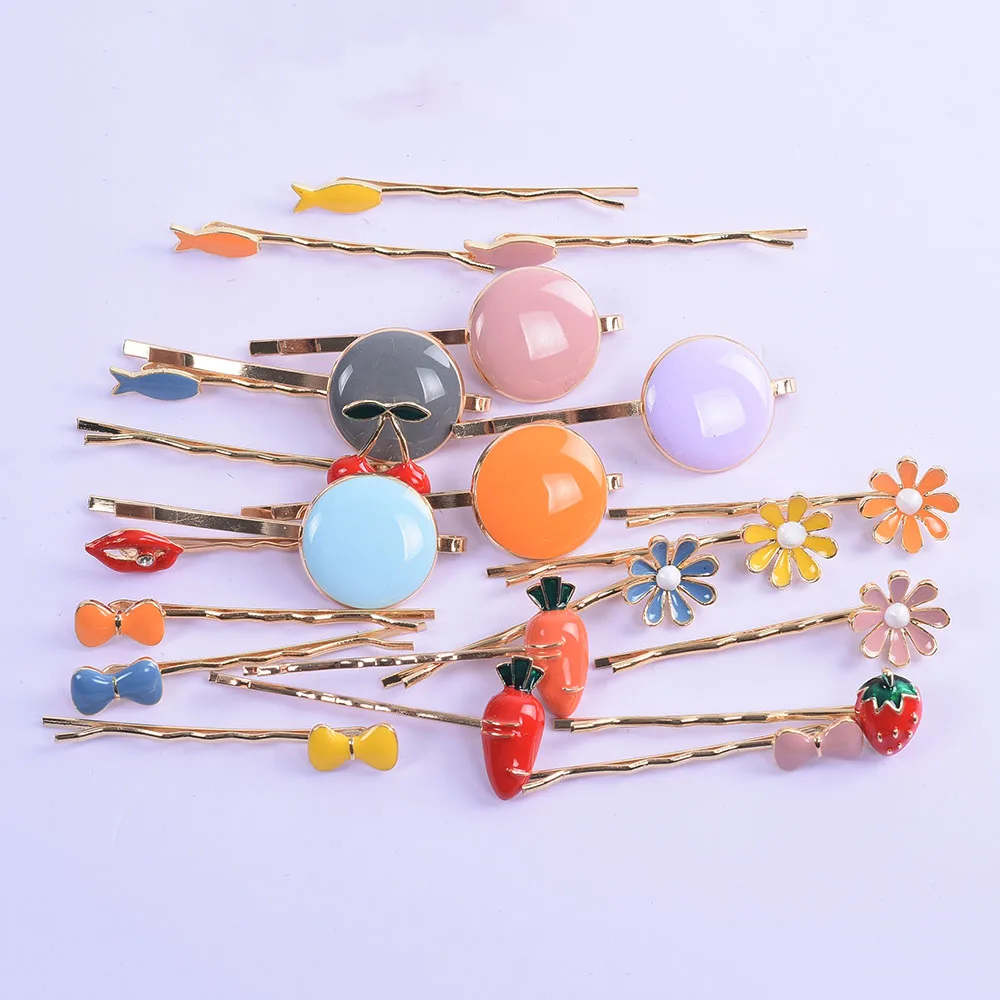 

2019 Metal Acrylic ZA Hair Clips Women Hair Jewelry Enamel Radish Strawberry Cherry Flowers Bowtie Fish Lips Design Hairpins