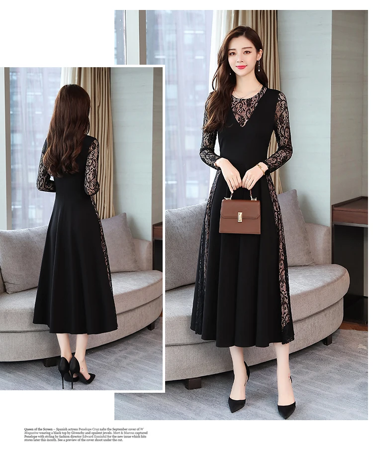 Осенне-зимнее винтажное кружевное сексуальное платье миди больших размеров корейское элегантное женское облегающее черное трикотажное платье макси Vestidos