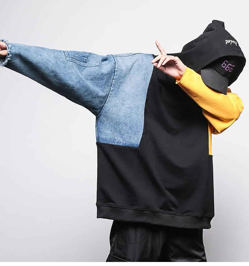 Patchwork Oversized Sweatshirt Men Fashion Long Hoodies Men  (7)
