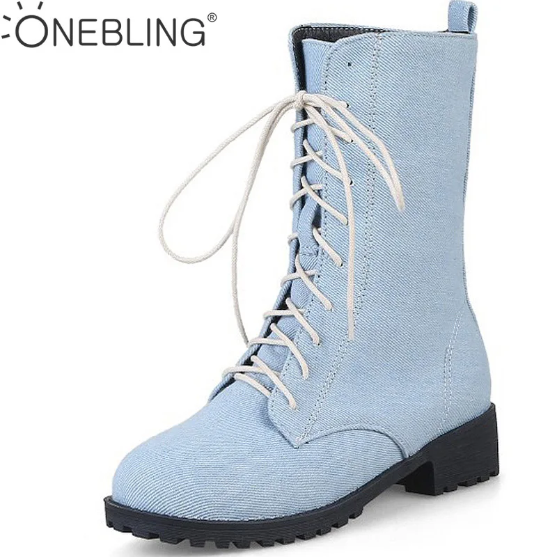 

One Bling Warm Short Plush Denim Boots Fashion Lace-Up Ankle Boots for Women Square Heel Round Toe Autumn Winter Boots 3 Colors