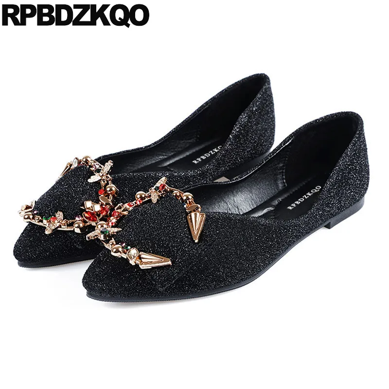 

Wedding Ballerina Metal Shoes Women Foldable Ballet Flats Rhinestone Glitter Silver Gold Pointy Black Crystal Large Size Sequin