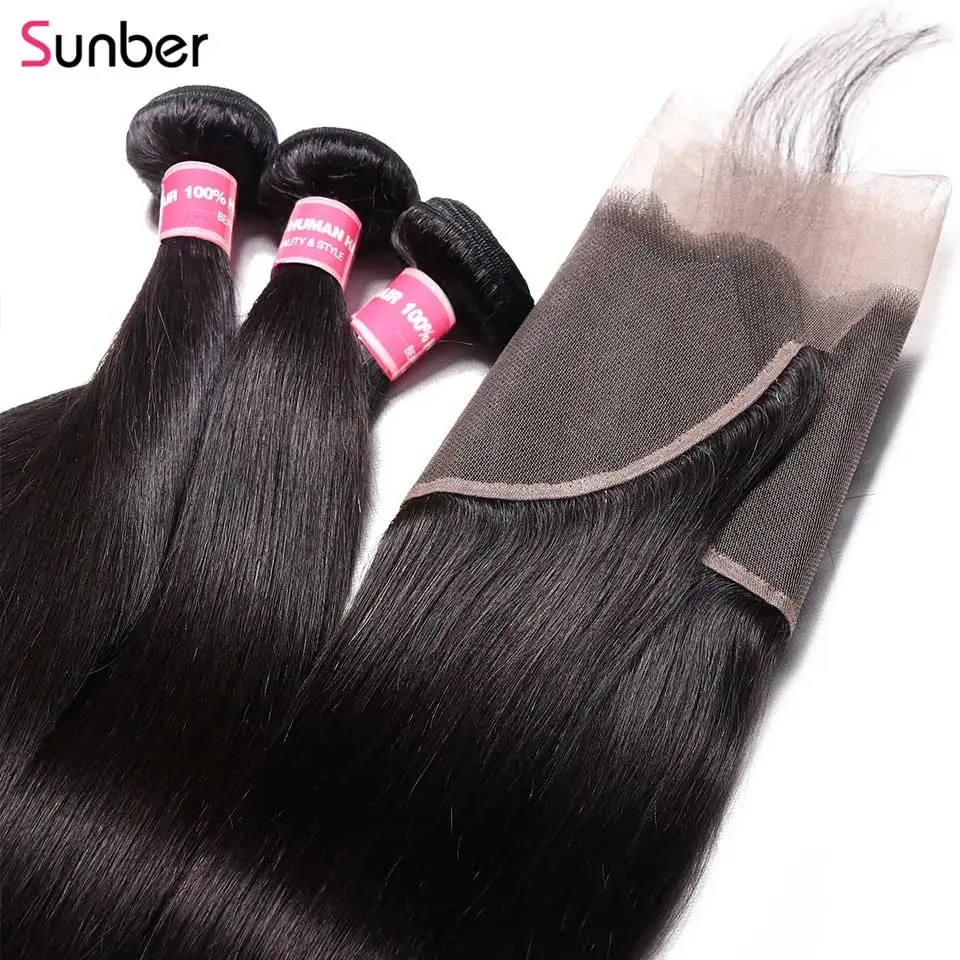 Sunber волосы перуанские пучки волос с фронтальной 8-30 дюймов наращивание волос Человеческие волосы Remy 13x6 фронтальные с 3/4 пучками