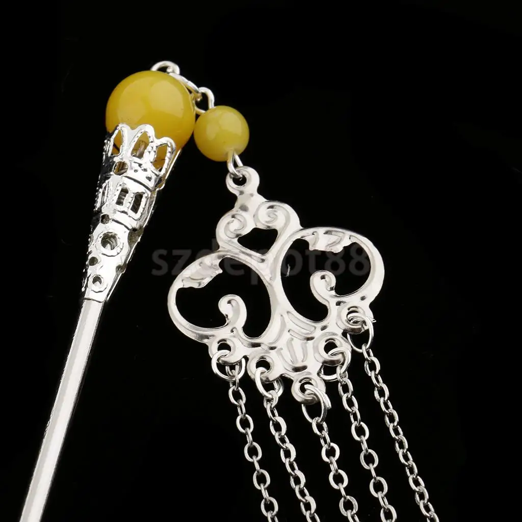 Solid Metal Tasel with Beads Stick Pin Hanfu Dress Ancient Chinese Cosplay Drama Girls Cute Hair Pin