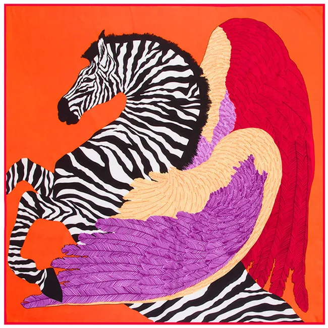 Lady's Gift 130*130cm Pure Silk Euro Brand Style Women Zebra Horse and Wings Feather Silk Square Scarf Femal Fashion Shawls - Цвет: orange