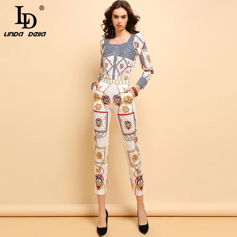 

LD LINDA DELLA Spring Summer Fashion Suits Women's Vintage Long Sleeve Striped Print Tops+Elegant Bodycon Long Pants 2Pieces Set