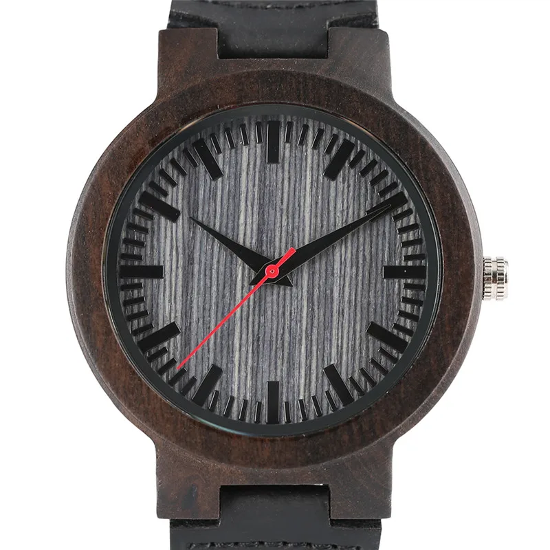

2017 Cool Natural Balck Ebony Wood Watch Men's Analog Minimalist Quartz Wristwatch Casual Sports Watch Genuine Leather Strap