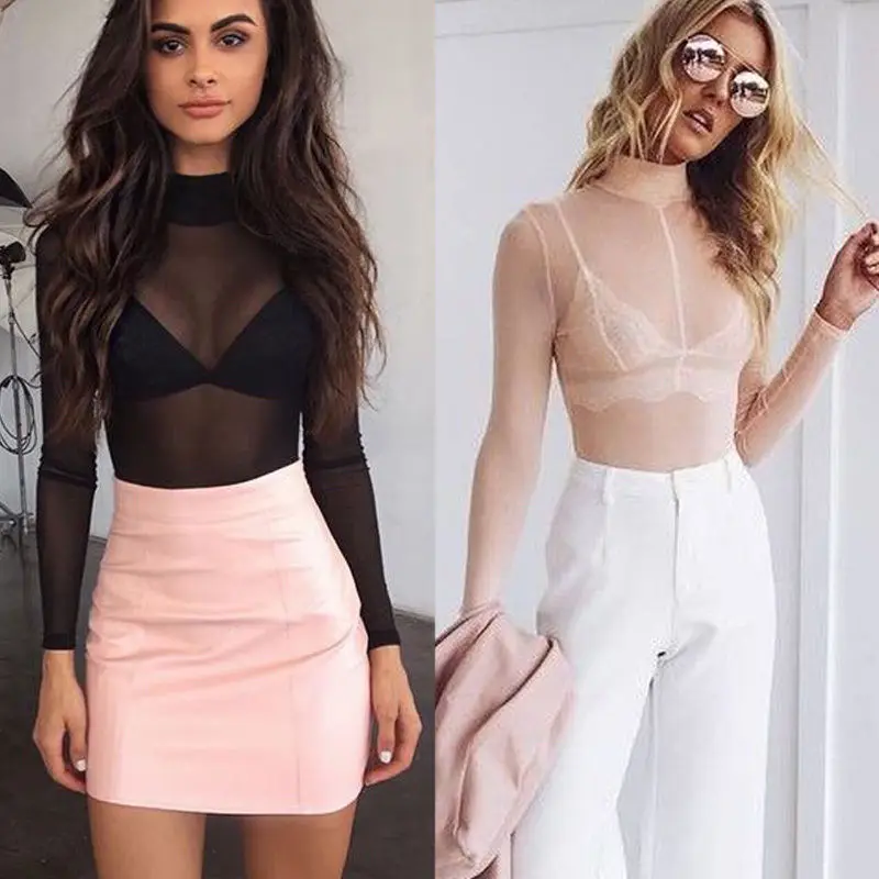 

New Fashion Women Long Sleeve Mesh Sheer Shirt Casual Loose Lady Sexy long sleeve Tops T Shirt
