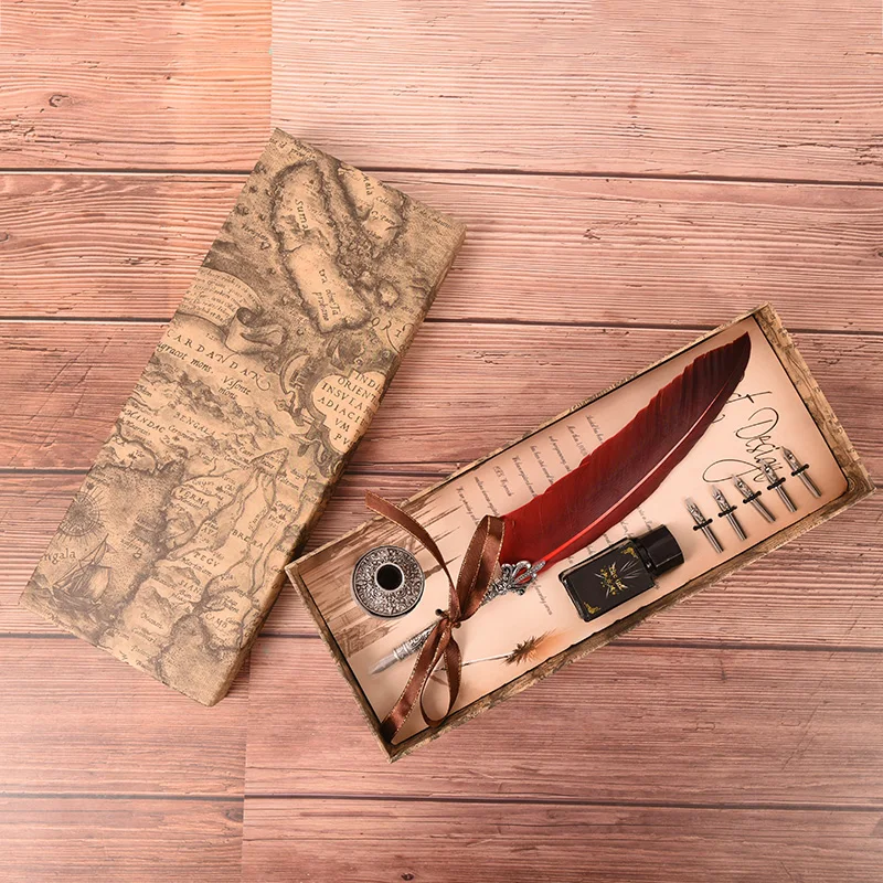 

1 set Dip Metal Fountain Pen Set Vintage Writing Quill Ink Pens Gift Stationery Feather 5 Colors