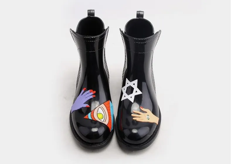 Rouroliu/Популярные непромокаемые ботильоны из ПВХ с граффити, женские непромокаемые ботинки на Плоском Каблуке, непромокаемая женская обувь, Wellies, TR199