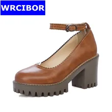Size 33-43 NEW 2017 Women Shoes PU leather Round toe High-heeled shoes Lady Fashion Platform Square heel Ankle Strap High Heels