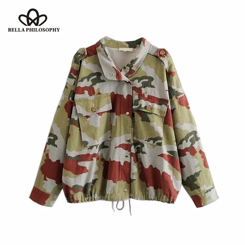 Wonder 2018new autumn Vintage Pockets Oversized Camouflage Jacket Coat Adjustable Drawstring Loose Outerwear Casual Casaco Femme