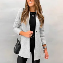 Осень-зима, офисное пальто для женщин, модное шерстяное пальто с длинным рукавом, длинная верхняя одежда, приталенная куртка, женское серое хлопковое пальто