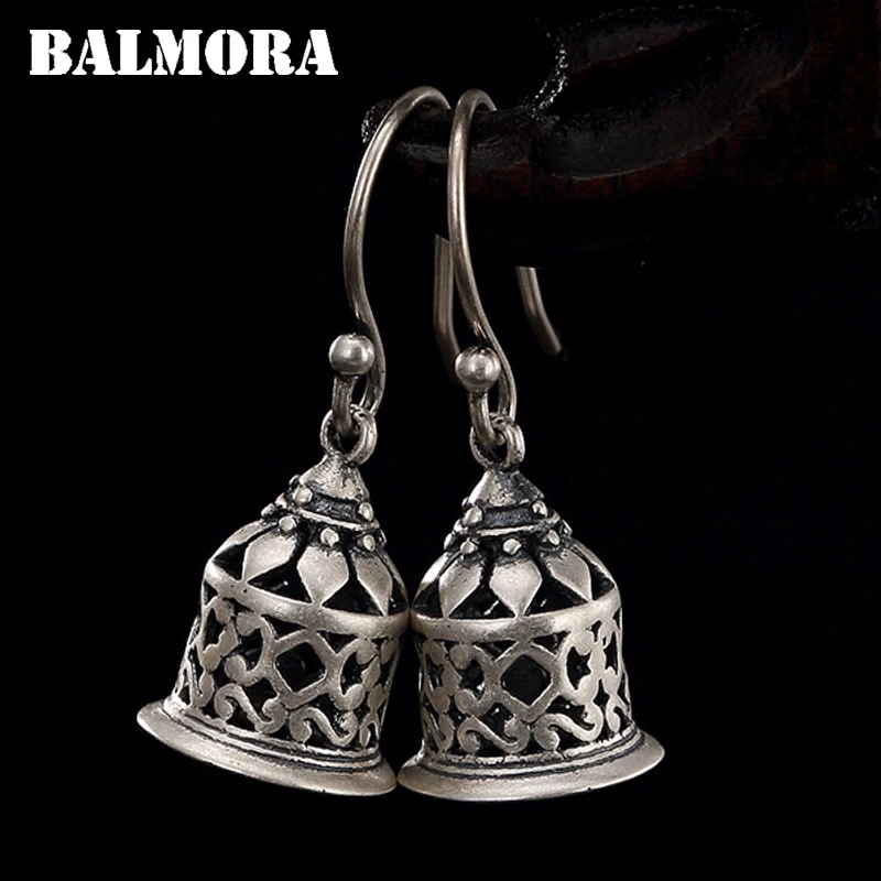 

BALMORA 990 Pure Silver Hollow Bell Ethnic Dangle Earrings for Women Lover Lady Party Bijoux Fashion Jewelry Brincos JWE1028